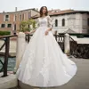 vestido de noiva 2019 manga longa vestido de noiva apliques vestidos de bola branco tule rendas bridaldress V-back frisado o-pescoço vestido casamento