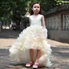 Champagne High Low Flower Girl Dresses Beaded Organza Ruffles V Neck Short Front Long Back First Communion Dress Girls Pageant Dresses