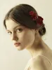 Vintage Handmade Red Rose Hair Clip Golden Leaf Rhinestones Flower Headpiece Bridal Wedding Accessories262N