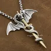 LINSION 925 Sterling Silver Flying Dragon Brass Sword Mens Biker Pendant 8P027 Steel Necklace 24 inches