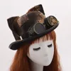Retro steampunk hatt bowler kostym tillbehör kvinnor män vintage lolita katt öron växlar glasglas guld patch topper topp hattar fedora he339u