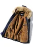 Uomo inverno Bottone in corno di bovino Grande collo di pelliccia Cappotto di lana di velluto giacca calda paio di parka lunghi