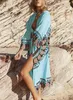 Summer Women's Floral Tryckt Kimono Beach Cover Up One Size Maxi Badkläder Beachwear Sexy Aqua Mandala Long Beach Kimono Midi Dress