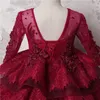 Amazing Multi-Layer Girls Pageant Gowns Dark Red Lace Long Sleeves Appliques Beads Flower Girl Dresses For Wedding Long Train Part276i