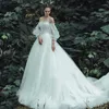 Princess Fairy Wedding Dresses Sweetheart Off the Shoulder Ruched Tulle Lace Appliques Country Bridal Gowns Sweep Train Illusion Sleeves