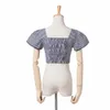 Vrouwen Lace Up Plaid Crop Top met Kant Trimmen White Up Front Crop Top with Puff Sheeveve