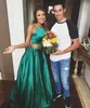 2018 Model 2 Piece Evening Dresses Double Spaghetti Straps Crop Top Emerald Green Satin Two Piece Prom Dress with Pockets