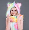 Faux Fur Hood Animal Hat Ear Flaps Hand Pockets 3 in1 Animals Hood Hats Warm Cap With Scarf Gloves341R