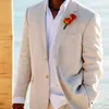 Abiti da uomo beige chiaro Abito da sposa causale sulla spiaggia Abiti da sposo in lino Blazer da sposo Smoking da uomo su misura Cappotto da ballo Cappotto Pantalone + Pantaloni