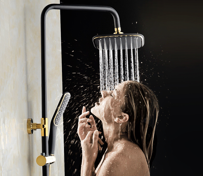Juego de ducha de oro negro con baño de latón de calidad Sistema de ducha fría caliente de lujo conjuntos de grifos de baño de baño de chrome europeo