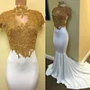 Luksusowy Złoty Koronki Aplikacja Prom Dresses Wysokiej Neck Cap Rękawy Koralik Mermaid Sweep Party Gown 2018 Nowe Suknie Wieczorowe Robe De Soiree