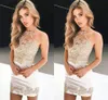 2018 Новые короткие коктейльные платья Сексуальные кружевные аппликации Halter Mini Prom Pretion Pressing Pressal Formate White Leath Вечерние платья