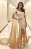 Champagne 2018 Evening Dresses Arabic Dubai Applique Lace Tiered Tulle Court Train Formal Evening Party Wear Prom Dresses robes de soirée