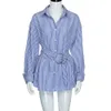 Stil Damen Gestreifte Bluse Damen Reverskragen Lässige lange Hemden Damen Modedruck Blaue Tops Blusen Frühling Abgeschnitten #Ju