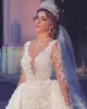 Saud Arabische Meerjungfrau-Hochzeitskleider mit abnehmbarem Rock, langen Ärmeln, Spitze, Perlenstickerei, geschwollenes Brautkleid in Übergröße