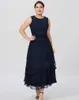 Cheap Navy Blue Mother Of The Bride Dresses With Jacket Tea Length A Line Mothers Formal Wear Plus Size Wedding Guest Dress