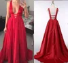 Sexy Profundo Decote Em V Prom Formal Vestidos de Cetim Vermelho A-line Designer Voltar Estilo A Linha de Vestidos de Noite Vestido de Festa Pista Moda Custom Made