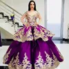 Golden Appliqued Purple Evening Gowns V-Neck Cap Sleeves Satin Ball Gown Engagement Dress Gorgeous Dubai Princess Evening Dress Prom Dresses