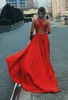 2019 Sexy cuello en V profundo vestidos de noche entrecruzado sin espalda simple elegante vestido de noche sin mangas alto partido rojo vestido de fiesta de graduación