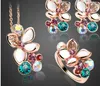 Multi Color Flower Crystal Rhinestone Gold Color Pendant Necklace/Earring/Ring Bridal Jewelry Set For Women Wedding