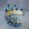 Vintage Bröllop Bridal Barock Blue Rhinestone Crystal Crown Tiara Headband Earring Smycken Set Luxury Headpiece Princess Hårtillbehör