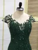 Real Image Luxury Evening Dresses Dark Green Chiffon Mermaid Prom Party Gowns Sheer Jewel Neck Capped Sleeves Sequins Beads Embroidery Dress