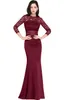 Red Wine Mermaid Long Evening Dresses Satin Lace O Neck Zipper-Up Floor Length Vestidos Noche Prom Gowns DH4077