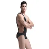 Seksowne męskie czarne patentowe skóra podkoszulek Rompers kombinezon Slim Bodysuit erotyczny gejowskie striptizerka bluzka bezkwaszona B258W