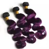 Tissages de cheveux humains brésiliens vierges violets ombrés avec fermeture vague de corps 1BPurple racine foncée Ombre 3 paquets avec fermeture en dentelle 4x4 4P5432834