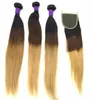 Braziliaanse Body Wave Menselijke Remy Haar Weefsels 3/4 Bundels met Sluiting Ombre 1b / 4/27 Kleur Dubbele WEKS Hair Extensions