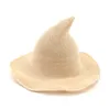 Bomull stickad häxhatt cap casual bred grim hink hattar kvinnor roliga fällbara magiska trollkarlen hatt fast färg chapeau för kvinnlig298x