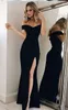 섹시 블랙 저렴한 2018 인어 이브닝 드레스는 어깨에서 긴 하이 사이드 스플릿 새틴 백 레임 파티 파티 드레스 가운을 벗어 드레스
