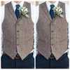 Casamento Country Wedding Cinza Lã Coletes Personalizado Groom Colete Slim Fit Vestido Mens Vestido Vest Prom Waistcoat Tied Back Tweed Waistcoats