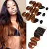 Peruvian Unprocessed Human Hair 1B 30 Ombre Color 3 Bundles With 4X4 Lace Closure Body Wave 1B/30 Virgin Hair With Baby Hairs