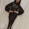 Sexy Bead Front Split Evening Dresses Long Sleeve Puffy Saudi African Vestidos De Festa Long Party Dress Prom Formal Pageant Celebrity Gowns