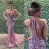 Luxrious Rhinestone Mermaid Prom Dress Diepe V-hals Pailletten Krème Crystal Cutaway Partyjurken Sexy Mode Avondjurk Dubai Jurken