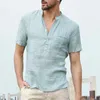 2019 confortable décontracté hommes chemises à manches courtes col Henley col en V couleur de base bouton coupe ample 3XL Camisa Masculina été