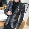 부티크 패션 클래식 격자 무늬 망 슈트 코트 단일 버클 웨딩 드레스 캐주얼 자켓 남자 Blazer XL