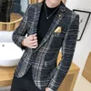 Boutique de moda clásico a cuadros para hombre traje abrigos sola hebilla vestido de boda chaqueta Casual hombres Blazer xl3037