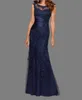 Navy Blue Lace Mermaid Elegant Mother Of Bride Dresses Scoop Neck Backless Appliques Lace Beads Mother Party Dresses