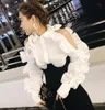 New design fashion women's turn down color solid color ruffles patchwork off shoulder zipper long sleeve blouse shirt tops292P