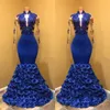 Royal Blue Long Sleeves Evening Dresses Deep V Neck Mermaid Prom Dresses 2018 Lace Appliques African Women Formal Wear Party Gowns Vestidos