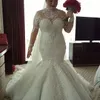 高級プラスサイズのウェディングガウンファッションビーズクリスタルハイネックレースアップリケ結婚式のドレス見事な人魚長袖チュールのウェディングドレス