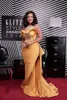 One pcs Plus Size Sexy Mermaid Prom Dresses African Scoop Neck Crystal Beaded Satin Celebrity Dresses Women Dusty Yellow Evening Gowns