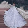 Newest Off Shoulder Lace Appliques Ball Gown Wedding Dresses Sequined Bridal Gowns Chapel Train Formal Church Arabic Dubai Luxurious