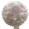 Buquês De Casamento Artificial Handmade Fita Marfim Rosas Flores De Cristal Strass Nupcial Do Casamento Bouquet Da Dama De Honra Do Casamento Acessórios 18 cm