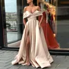 Seksowne Tanie Split Szampana Prom Dresses 2018 Off The Ramię Satyna Długość Piętro Białe Różowe Rumieniec Proste Dresses Party