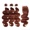 Färgad Auburn Virgin Indian Human Hair Buntar med stängning Kroppsvåg 3st # 33 Mörk Auburn Weaves 3 Bundle Deals with Lace Closure 4x4