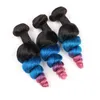 ثلاثة لهجة الملونة # 1b / الأزرق / الوردي أومبير بيرو الإنسان الشعر ينسج 3 قطع الكثير فضفاض موجة متموجة الأزرق الوردي أومبير عذراء الشعر حزم صفقات