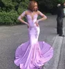 Lavendel High Light Prom Sheer Neck Lange Illusionsärmel Meerjungfrau Abendkleider Sweep Zug Nach Maß Vestidos De Noiva